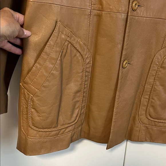 Vintage Tan Leather Jacket Lapel Collar Button Closure , Size 42/L - Picture 4 of 15